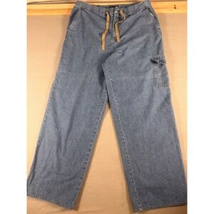Light Wash Denim Cargo Pants Wide Leg Drawstring Waist Blue Jeans